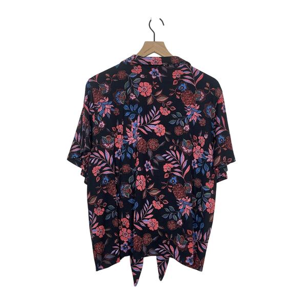 Fred David Shirt Women's Plus Size 2X Black Pink Floral Front Tie Short Sleeve - Picture 2 of 8